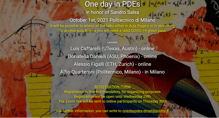 One Day in PDEs – in honor of Sandro Salsa – October 1, 2021